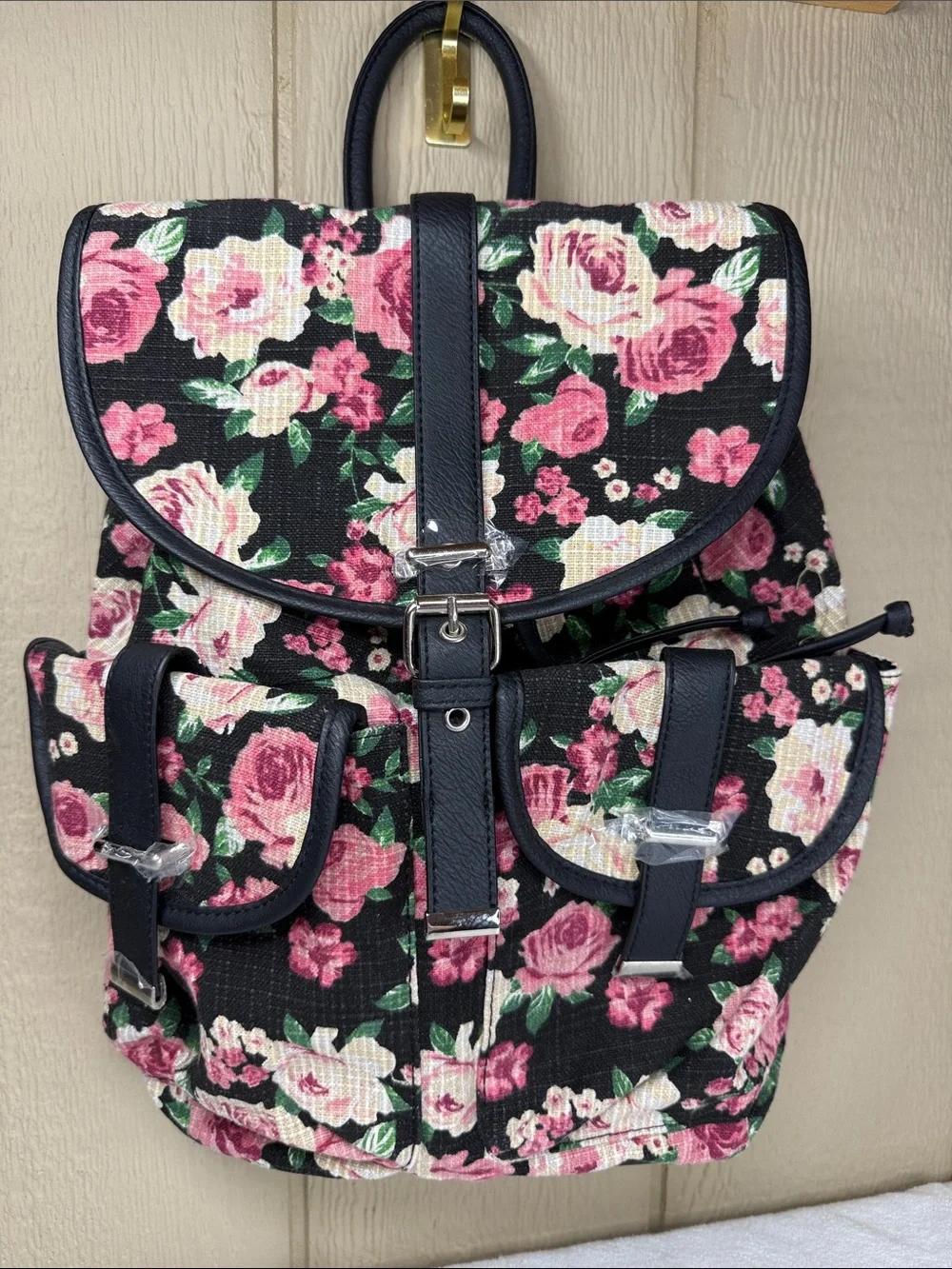 NEW Mudd Y2K Floral Canvas Backpack Pink Roses Black Cottagecore Grunge Romantic